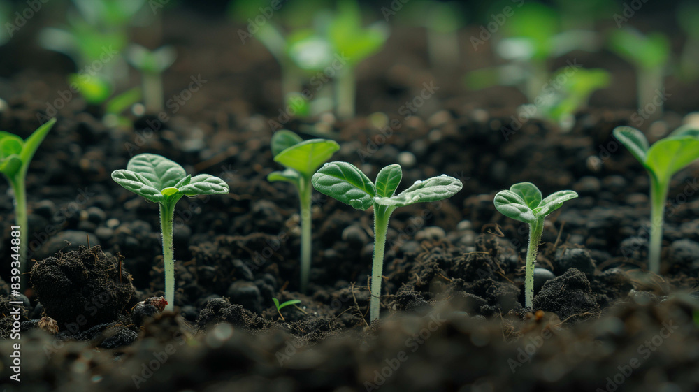 tiny green seedlings emerging from fertile soil, symbolizing new beginnings