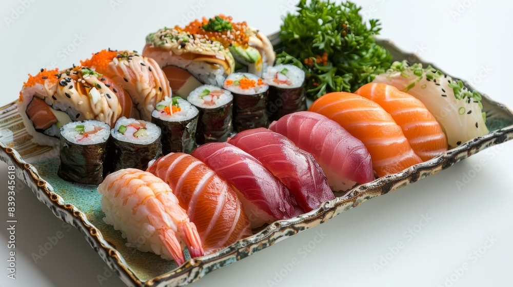 An assortment of sushi, including maki rolls, nigiri, and sashimi on a rectangular plate An assortment of sushi, including maki rolls, nigiri, and sashimi on a rectangular plate