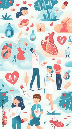 Vector Graphics Set Illustrating the Daily Life Impact of Chronic Diseases: Diabetes and Heart Disease for Healthcare Awareness and Patient Education