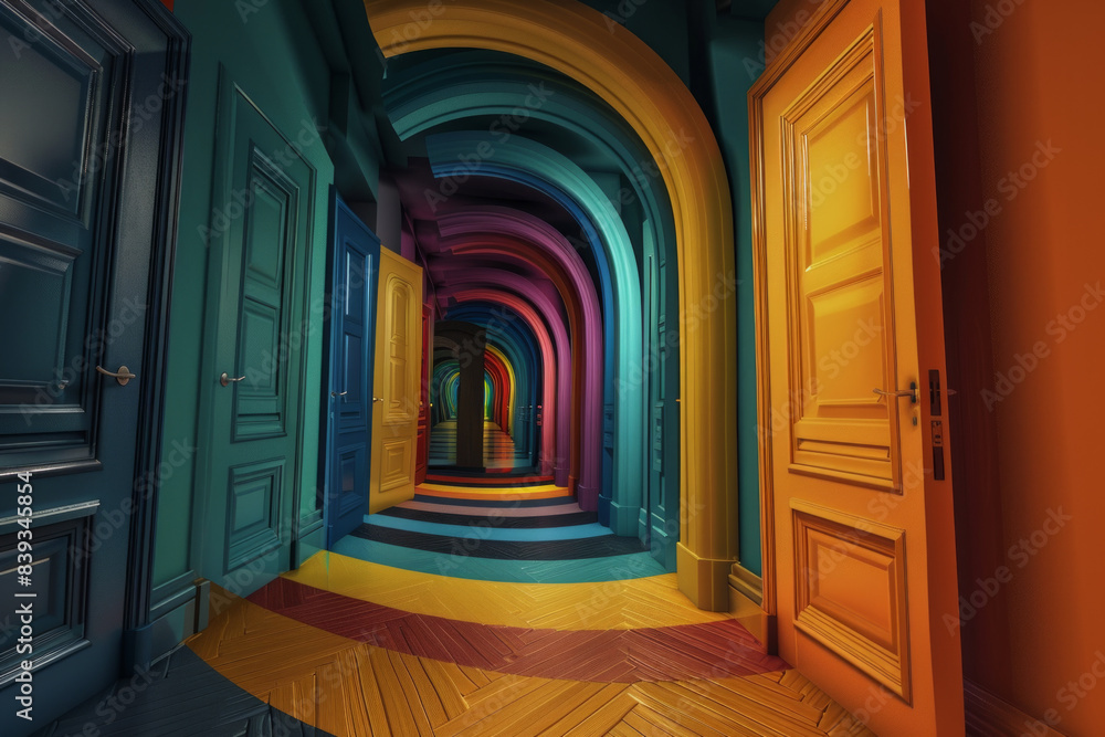 Doors arranged in a spiral, each one getting smaller as they move inward. The colors of the doors range from dark to light, creating a gradient effect. The background is a solid, neutral color. Doors arranged in a spiral, each one getting smaller as they move inward. The colors of the doors range from dark to light, creating a gradient effect. The background is a solid, neutral color.