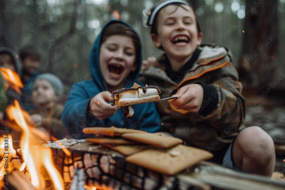 Kids Enjoying Making S'mores Around Fire Pit - Laughter and Joy During Outdoor Camping Adventure Kids Enjoying Making S'mores Around Fire Pit - Laughter and Joy During Outdoor Camping Adventure