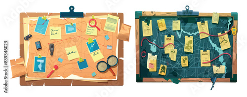 An illustration of a detective board displaying examples of crime evidence.