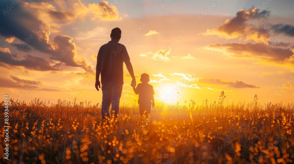 Fototapeta premium Father son holding hands walking together. Childhood and parenting concept. Fathers Day concept 