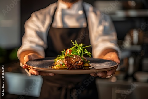 Fototapeta Naklejka Na Ścianę i Meble -  A chef, wearing a white shirt and black apron, presents a perfectly prepared steak dish with fresh herbs and vegetables.
