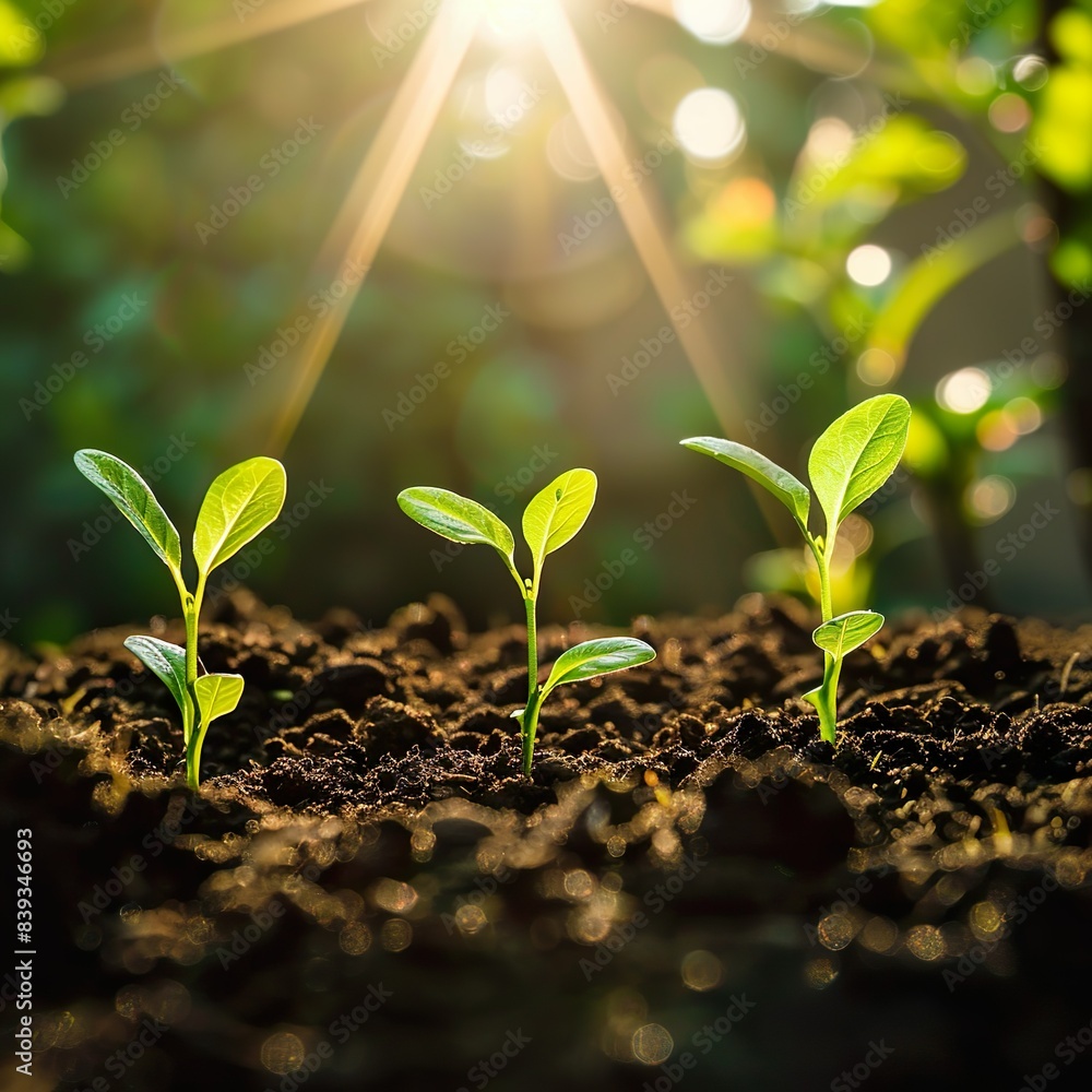 young, vibrant green plants sprouting from nutrient-rich soil, underscored by soft sunlight representing growth and development young, vibrant green plants sprouting from nutrient-rich soil, underscored by soft sunlight representing growth and development
