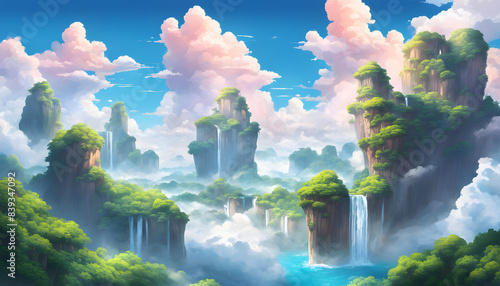 Ethereal floating islands in vibrant greenery with waterfalls