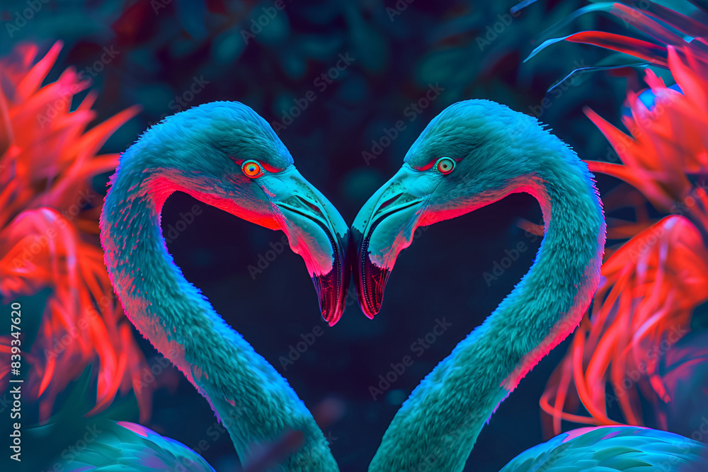 Love Сouple of pink flamingo in tropical jungle on pink background ...