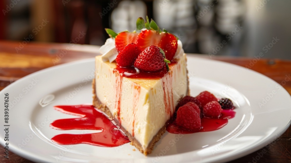 A tempting slice of New York-style cheesecake topped with fresh strawberries and a drizzle of berry sauce A tempting slice of New York-style cheesecake topped with fresh strawberries and a drizzle of berry sauce