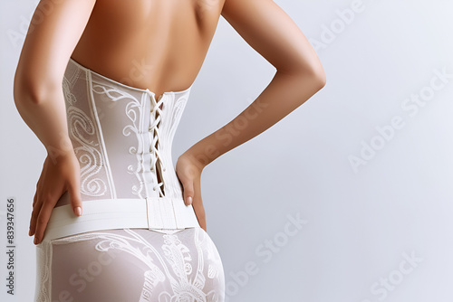 Fashion white wedding lace underwear, mock up on model. Space for design, print and showcasing. Bride shapewear concept