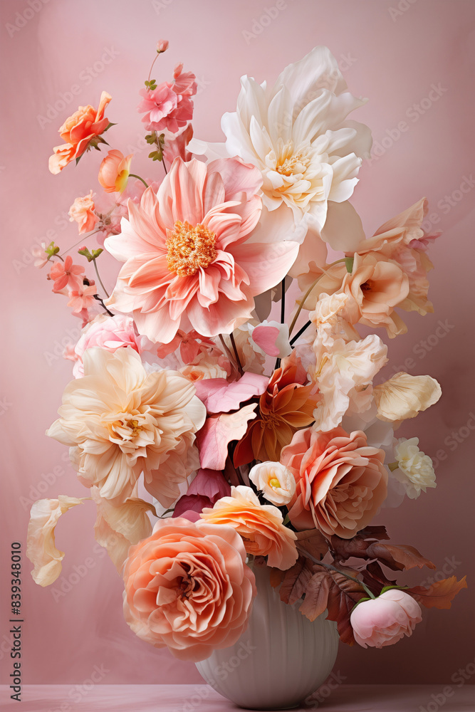 A luxurious bouquet of white, pink and light orange various flowers and fall leaves