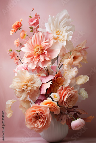 A luxurious bouquet of white  pink and light orange various flowers and fall leaves