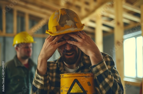 Accident at construction site: chemical splashed on worker's skin and face, underscoring workplace occupational safety and health