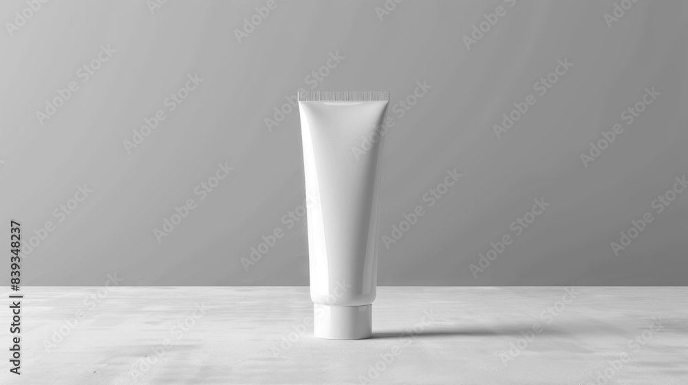 White cosmetic tube on simple textured backdrop on grey background White cosmetic tube on simple textured backdrop on grey background
