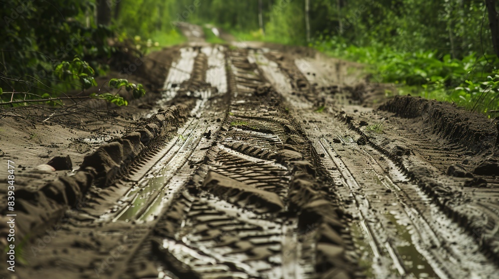 Muddy country lane after a rain, close-up, tire tracks imprinted deeply, rustic and secluded, no humans Muddy country lane after a rain, close-up, tire tracks imprinted deeply, rustic and secluded, no humans