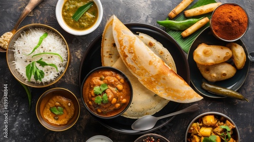 A traditional Indian breakfast spread with dishes like dosa, idli, sambar, and coconut chutney, perfect for starting the day
