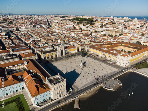 Lisbon, Portugal: Aerial view of the famous Praça do Comércio, the Commerce Place, in the heart of Lisbon old town and Portugal capital city along the Tagus river. photo