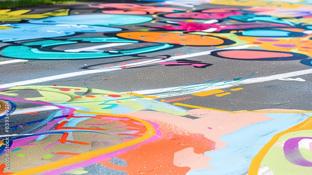 Fototapeta premium Street art on urban asphalt, close-up, colorful graffiti painted on the road, expressive city culture, no humans 