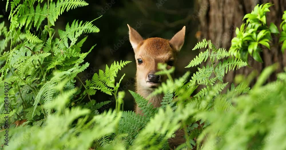 newborn fawn hiding behide ferns in the woods newborn fawn hiding behide ferns in the woods