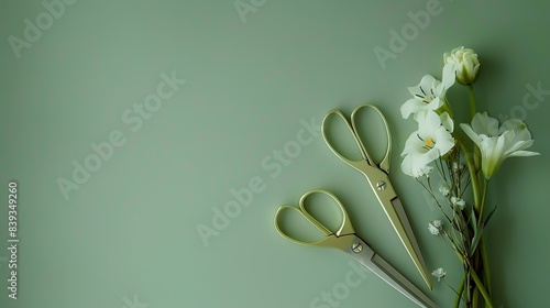 Floral scissors with curved blades, arranged against a solid green background, demonstrating their ability to trim flower stems and foliage for floral arrangements and bouquets. photo