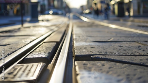 Electric tram tracks embedded in an urban road, close-up, leading through the downtown area, no people 