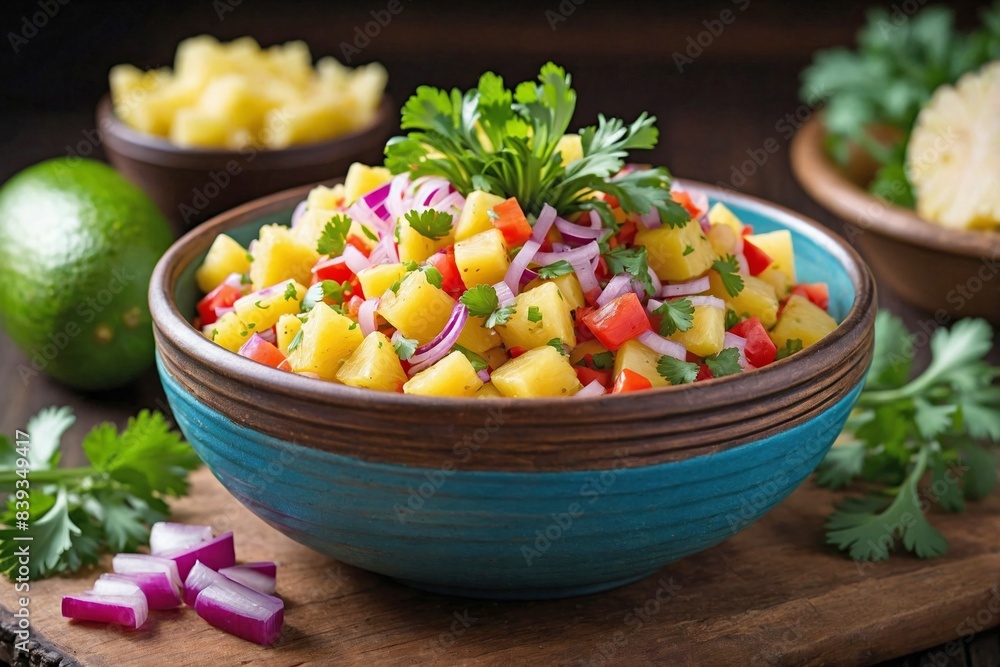 Pineapple Salsa: a bowl of fresh pineapple salsa featuring diced pineapple, red bell pepper, red onion, cilantro, and a squeeze of lime. Pineapple Salsa: a bowl of fresh pineapple salsa featuring diced pineapple, red bell pepper, red onion, cilantro, and a squeeze of lime.
