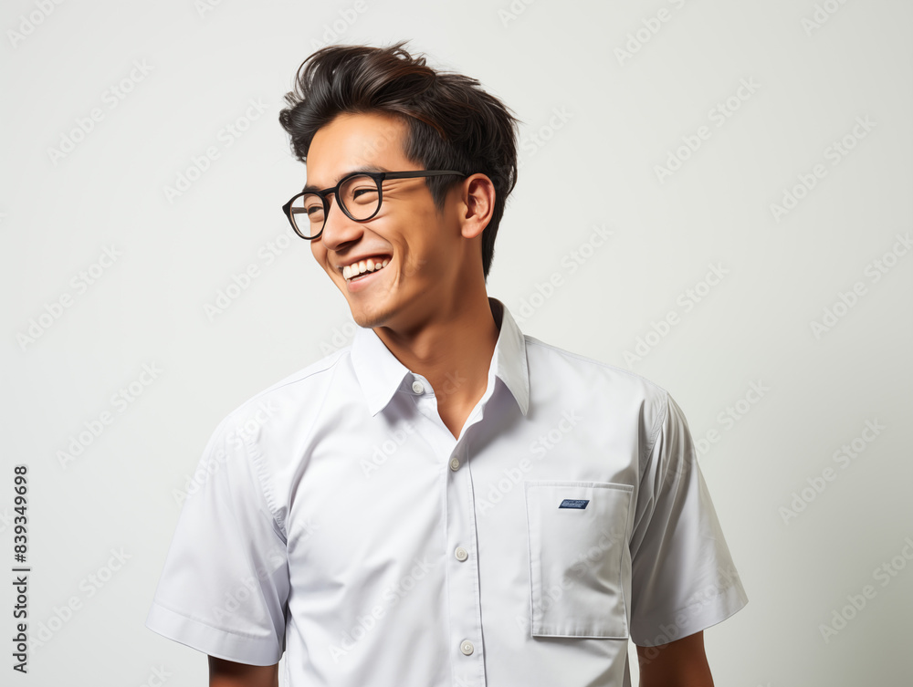 A joyful Asian man in blue and white clothes against an isolated background A joyful Asian man in blue and white clothes against an isolated background
