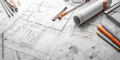 Architectural blueprints and drafting tools laid out for a detailed building plan