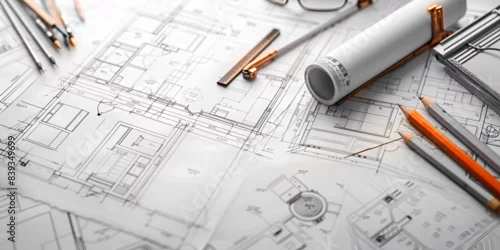 Obraz Architectural blueprints and drafting tools laid out for a detailed building plan