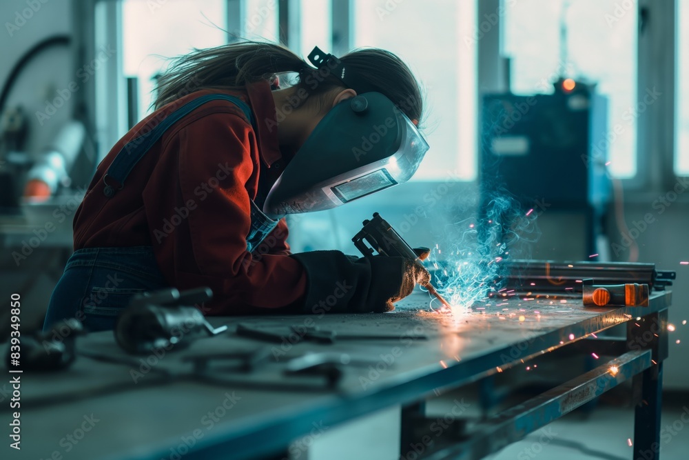 A stunning blonde woman operates a welding machine in a workshop, dressed in protective gear including a welding mask A stunning blonde woman operates a welding machine in a workshop, dressed in protective gear including a welding mask