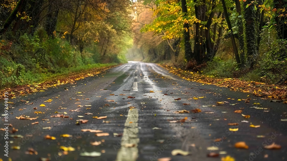 Obraz premium Close-up of an empty rural road meandering through autumn woods, fallen leaves scattered, serene and deserted, no humans 