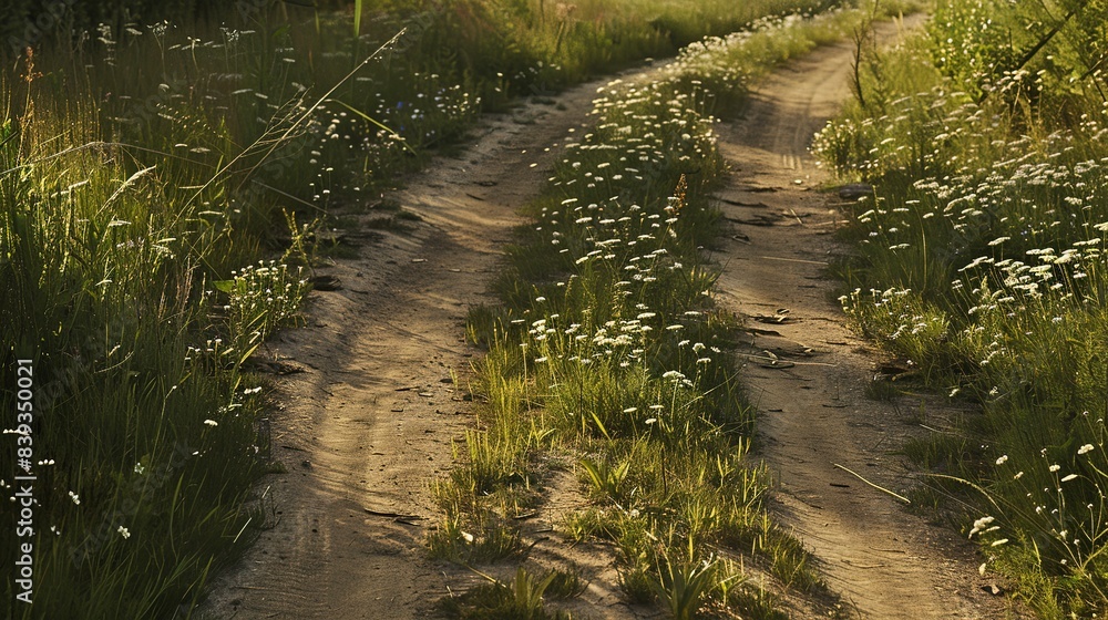 Abandoned dirt road in the countryside, close-up, overgrown with wildflowers and grass, forgotten path, no people Abandoned dirt road in the countryside, close-up, overgrown with wildflowers and grass, forgotten path, no people