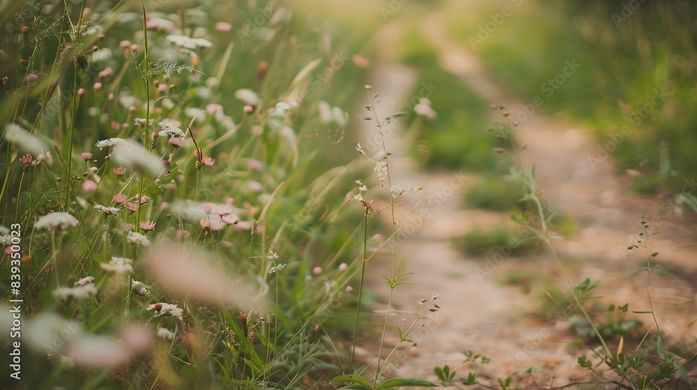 Abandoned dirt road in the countryside, close-up, overgrown with wildflowers and grass, forgotten path, no people Abandoned dirt road in the countryside, close-up, overgrown with wildflowers and grass, forgotten path, no people