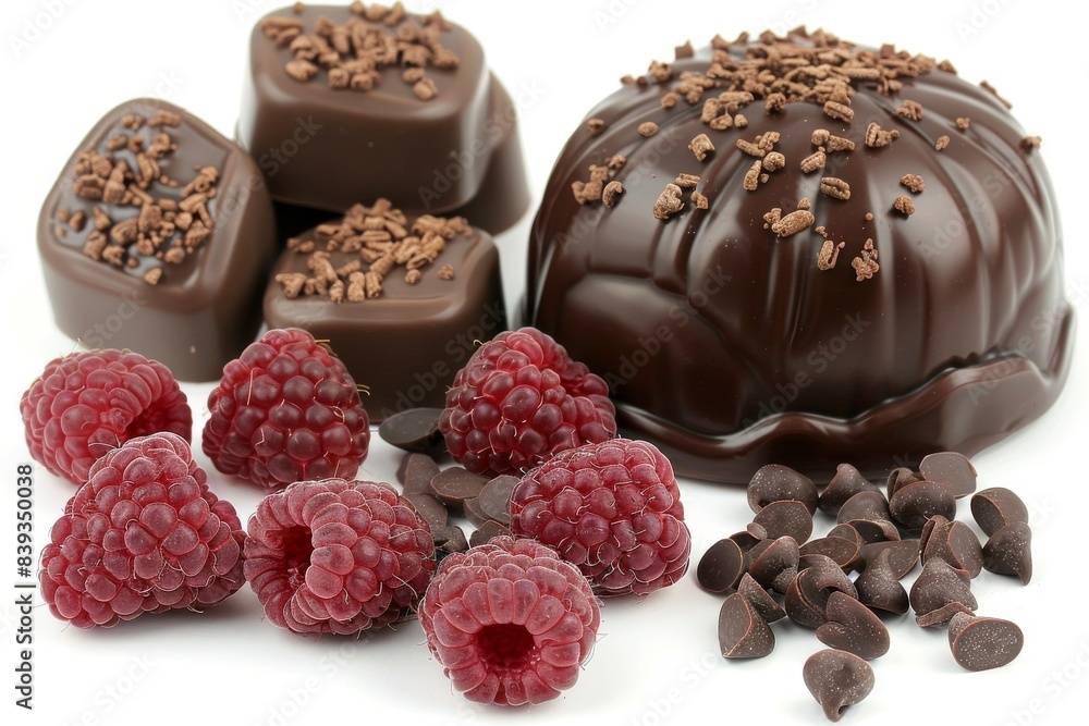 Assorted chocolate truffles with fresh raspberries and chocolate chips, creating a luxurious and indulgent dessert experience Assorted chocolate truffles with fresh raspberries and chocolate chips, creating a luxurious and indulgent dessert experience