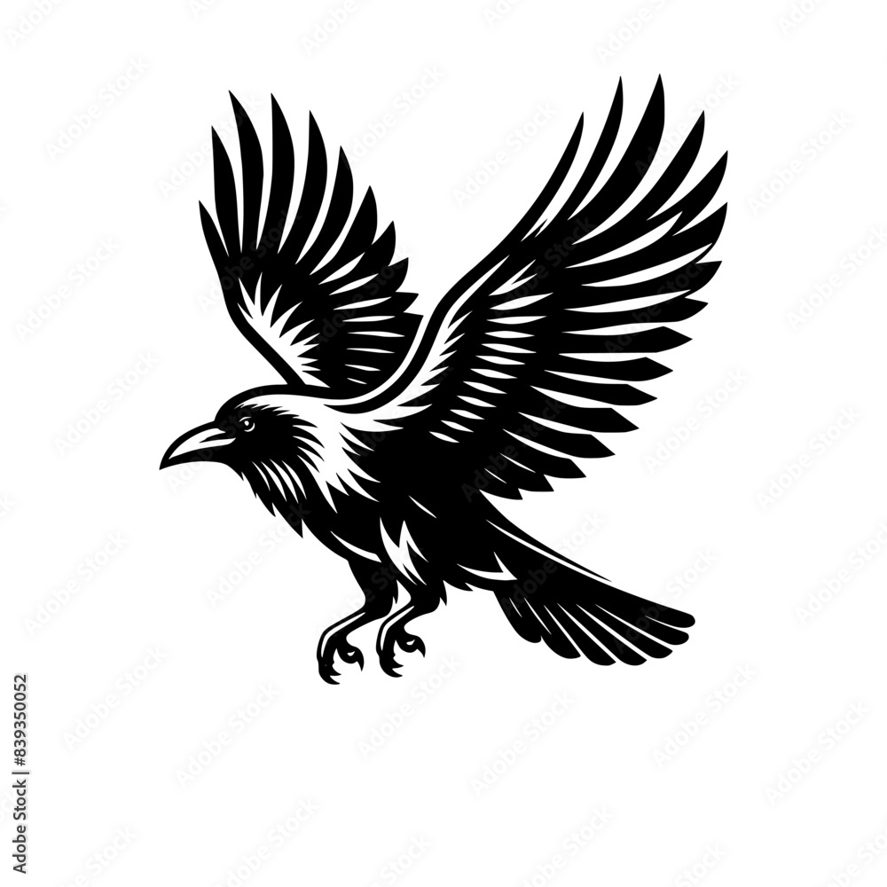 Obraz premium Vector logo of a flying raven. black and white illustration of a crow isolated on a white background. can be used as an emblem, logo, or tattoo.