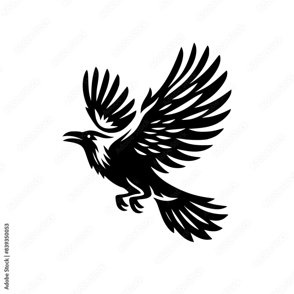 Obraz premium Vector logo of a flying raven. black and white illustration of a crow isolated on a white background. can be used as an emblem, logo, or tattoo.