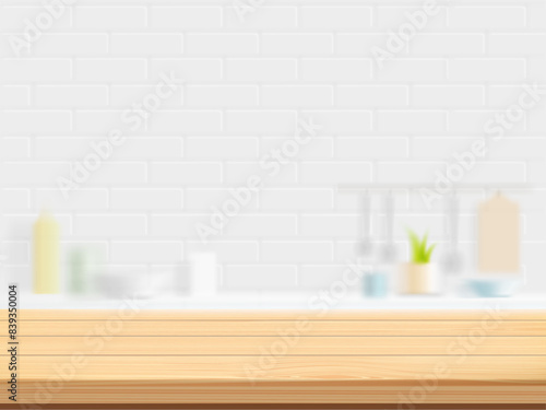 Empty wooden kitchen table against a blurred background. Vector stock illustration