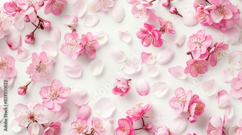 Spring tree flowers and petals, white background generative ai