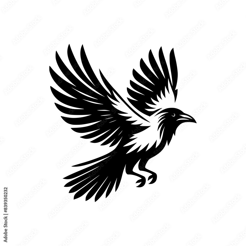 Vector logo of a flying raven. black and white illustration of a crow isolated on a white background.  can be used as an emblem, logo, or tattoo.