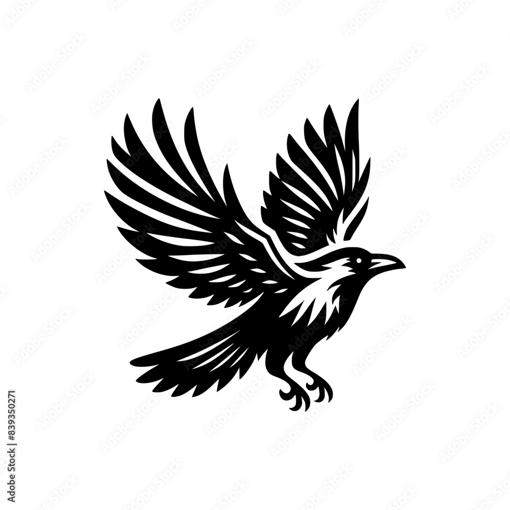 Fototapeta premium Vector logo of a flying raven. black and white illustration of a crow isolated on a white background. can be used as an emblem, logo, or tattoo.