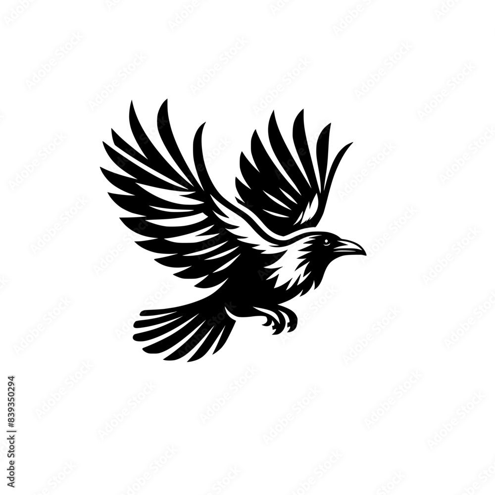 Fototapeta premium Vector logo of a flying raven. black and white illustration of a crow isolated on a white background. can be used as an emblem, logo, or tattoo.