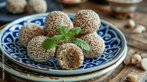 A traditional Vietnamese dessert, banh cam, sesame balls filled with sweet mung bean paste, served on a decorative plate