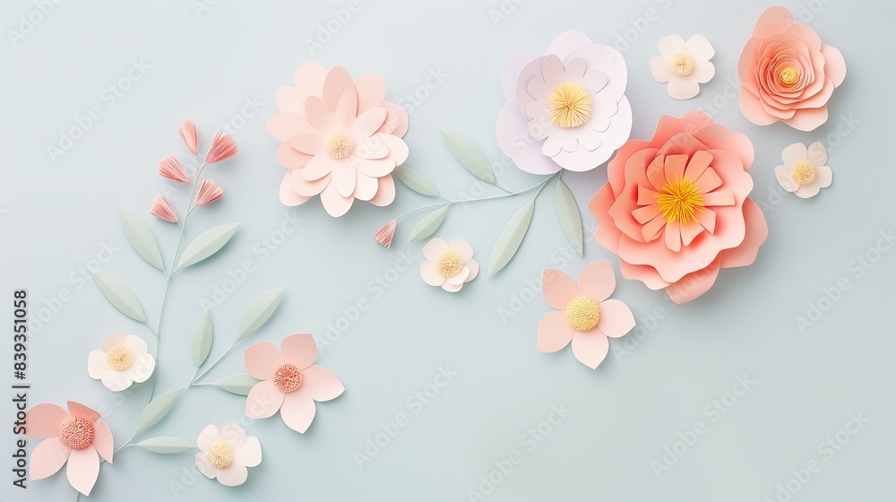 Flowers paper cut design. Beautiful spring paper cut flowers on soft color background. Valentine's Day, Birthday, Happy Woman Day, Mother's Day. Holiday poster and banner with flower papercut Flowers paper cut design. Beautiful spring paper cut flowers on soft color background. Valentine's Day, Birthday, Happy Woman Day, Mother's Day. Holiday poster and banner with flower papercut