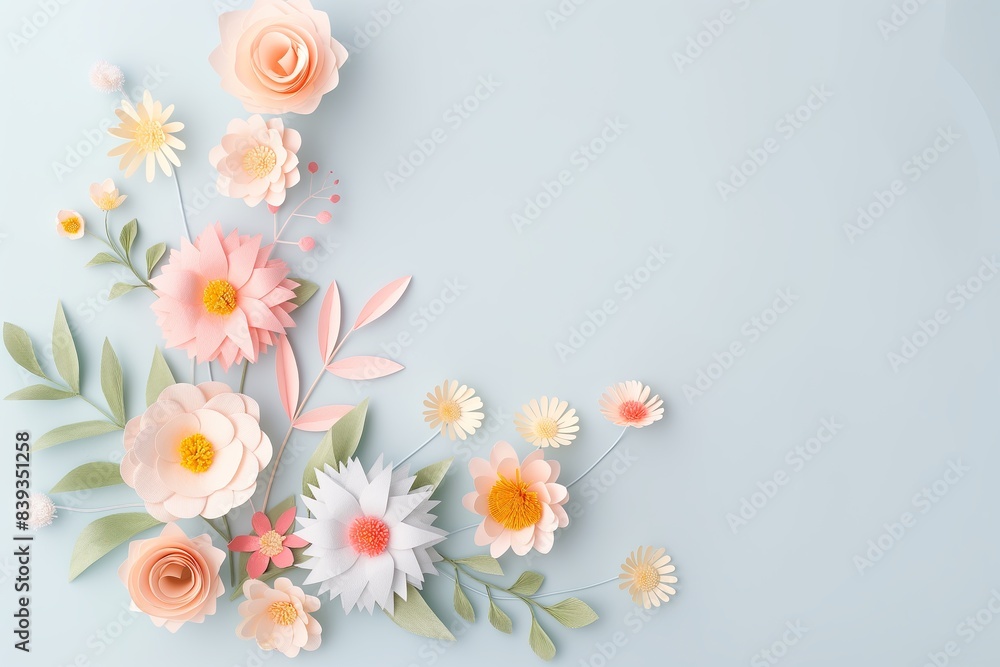 Flowers paper cut design. Beautiful spring paper cut flowers on soft color background. Valentine's Day, Birthday, Happy Woman Day, Mother's Day. Holiday poster and banner with flower papercut Flowers paper cut design. Beautiful spring paper cut flowers on soft color background. Valentine's Day, Birthday, Happy Woman Day, Mother's Day. Holiday poster and banner with flower papercut