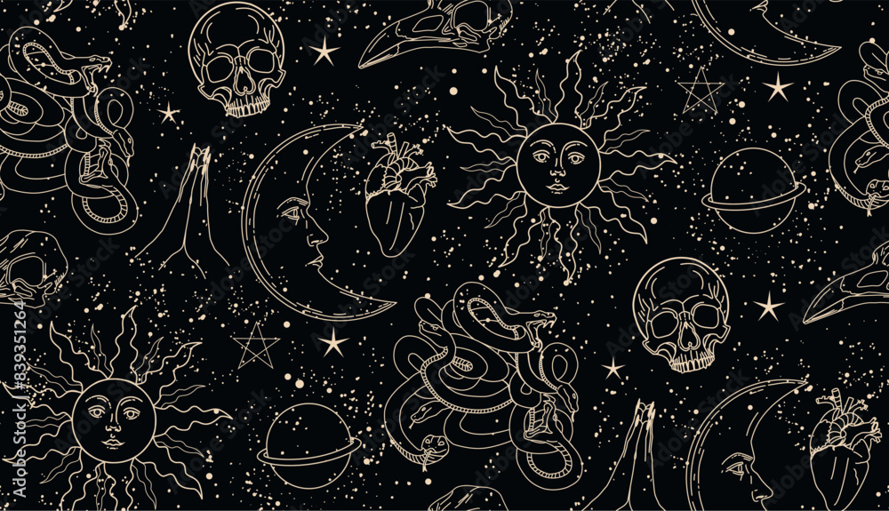 Seamless pattern with mystical elements. Set of linear vector illustrations. Celestial illustrations depicting the sun, moon, planet. design elements for decoration in a modern style.Gothic pattern. Seamless pattern with mystical elements. Set of linear vector illustrations. Celestial illustrations depicting the sun, moon, planet. design elements for decoration in a modern style.Gothic pattern.