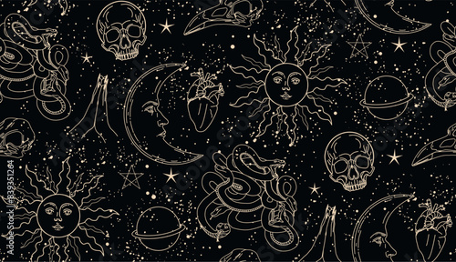 Seamless pattern with mystical elements. Set of linear vector illustrations. Celestial illustrations depicting the sun, moon, planet. design elements for decoration in a modern style.Gothic pattern. 