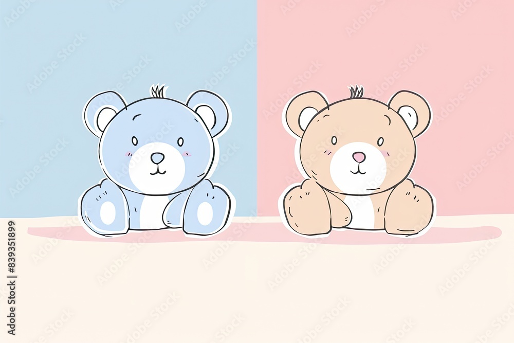 Fototapeta premium Minimalist line drawings of cute teddy bears, on a soft pastel background