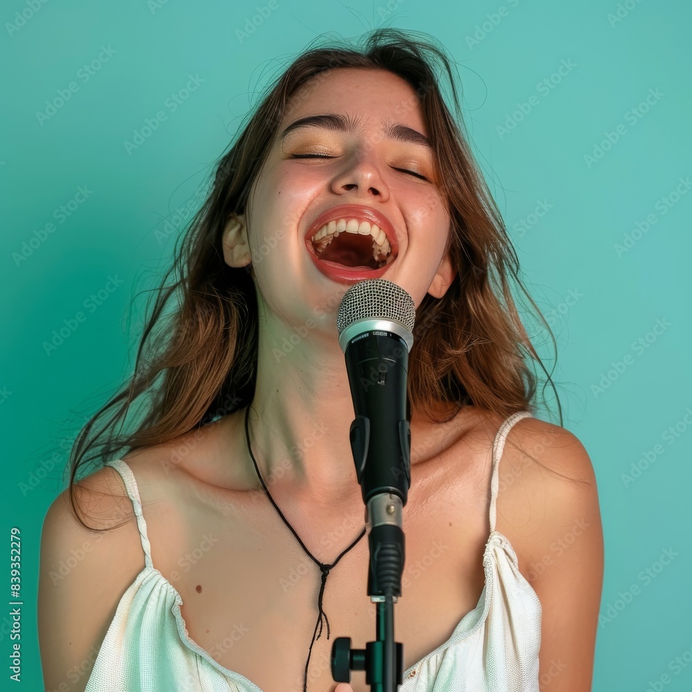 Young woman singing in microphone on color background, singing female portrait, karaoke Young woman singing in microphone on color background, singing female portrait, karaoke