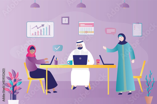 Muslim businesspeople work in company. People in traditional arabian clothes. Multiethnic colleagues met to discussion, brainstorming.
