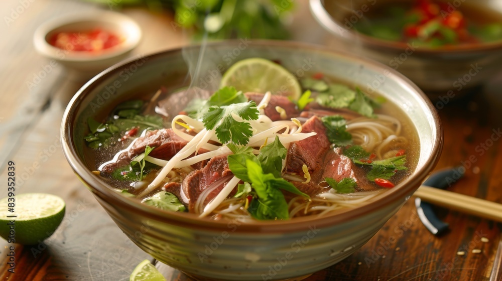 A vibrant bowl of Vietnamese pho with thinly sliced beef, fresh herbs, bean sprouts, and lime wedges, steaming hot and ready to eat A vibrant bowl of Vietnamese pho with thinly sliced beef, fresh herbs, bean sprouts, and lime wedges, steaming hot and ready to eat