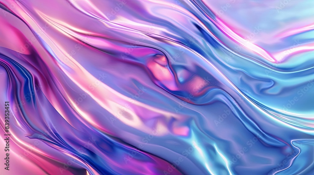Fototapeta premium vibrant abstract fractal geometric wavy background in blue pink and purple with holographic rainbow technology backdrop dynamic 3d render chrome wave effect for space disco party